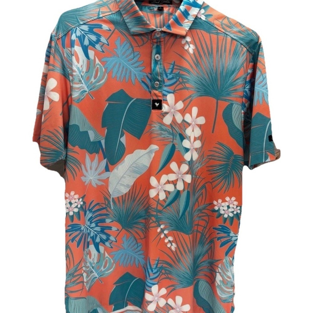Bad Birdie Golf Polo Shirt Mens L Short Sleeve Floral Peach/Blue Collared